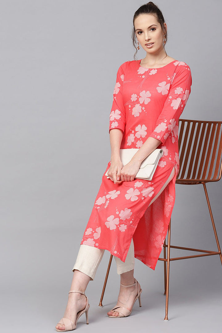 Printed Pink Cotton Fabric Kurti | SHOBITAM