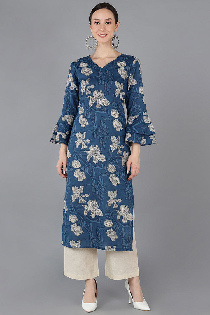 Rayon Blend Printed Simple Function Wear Navy Blue Color Kurti | SHOBITAM