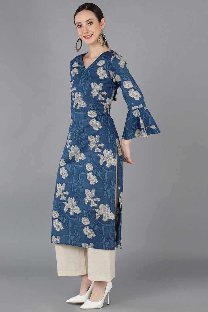 Rayon Blend Printed Simple Function Wear Navy Blue Color Kurti | SHOBITAM