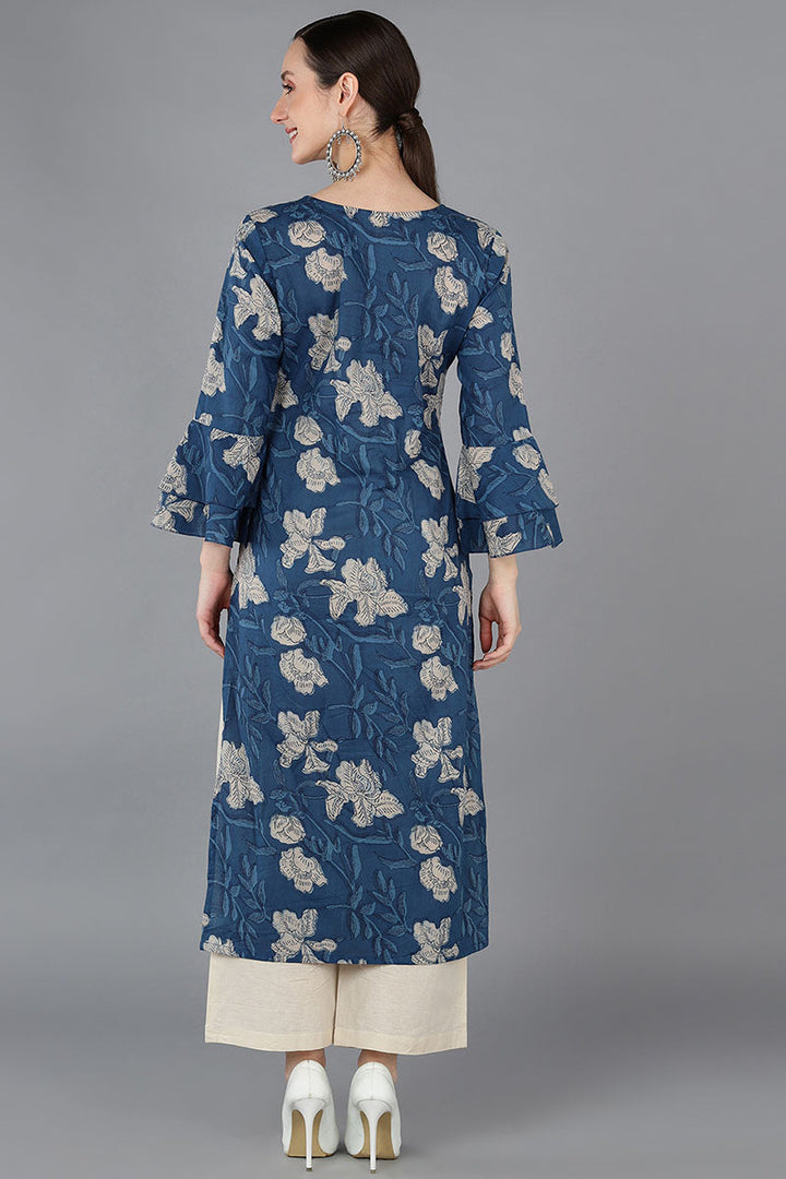 Rayon Blend Printed Simple Function Wear Navy Blue Color Kurti | SHOBITAM