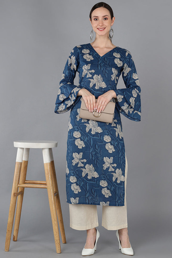 Rayon Blend Printed Simple Function Wear Navy Blue Color Kurti | SHOBITAM