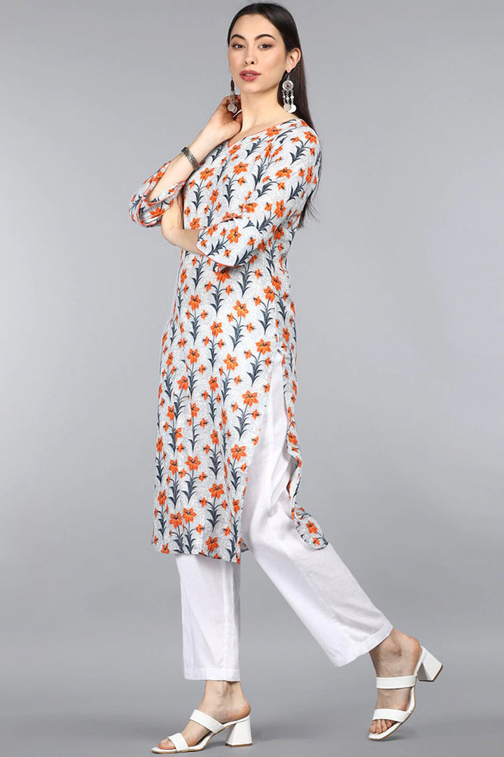 Women Cotton Trendy Festive Wear Off White Printed Kurti | SHOBITAM
