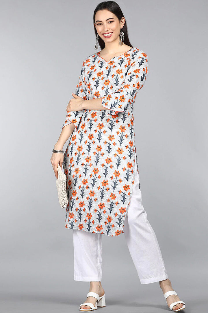 Women Cotton Trendy Festive Wear Off White Printed Kurti | SHOBITAM
