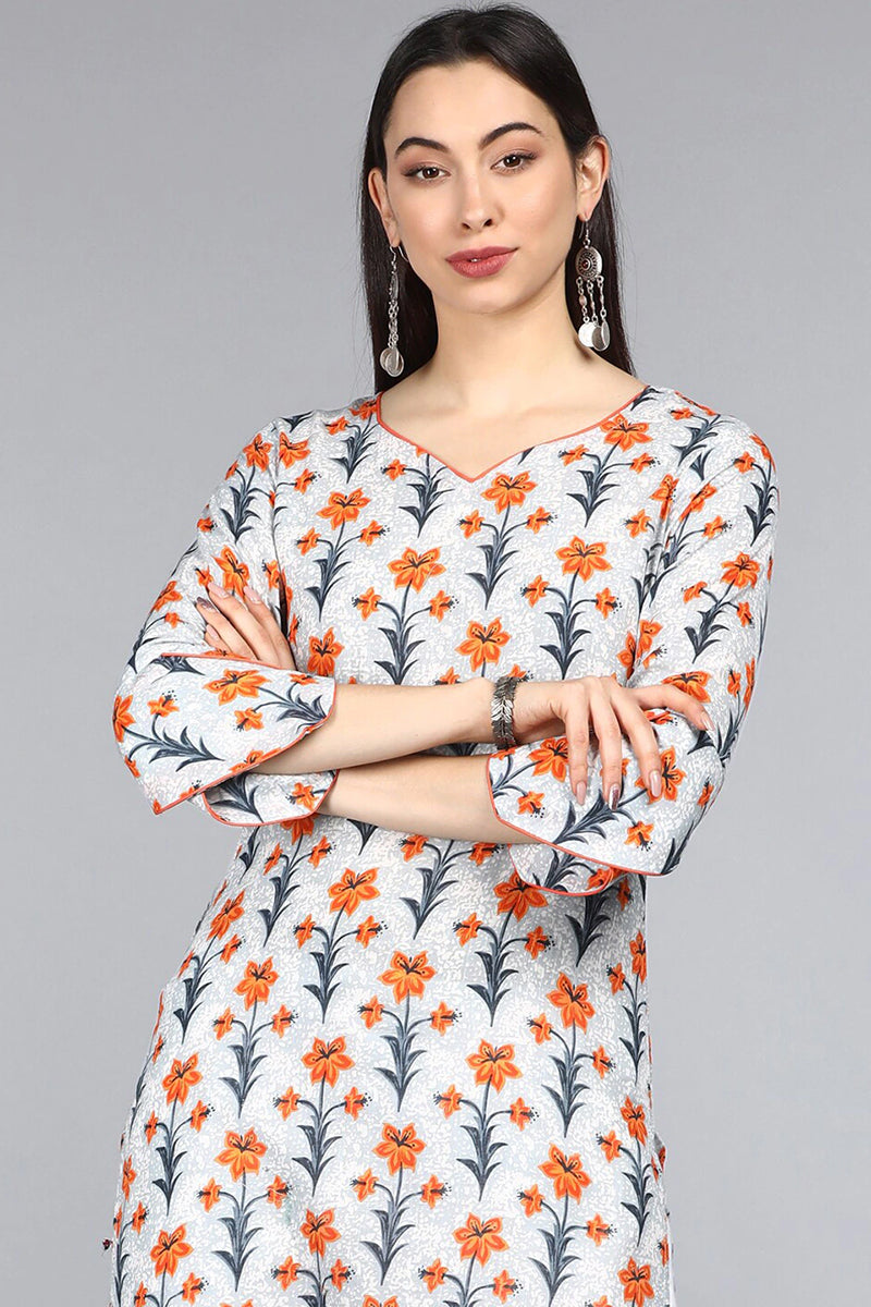 Women Cotton Trendy Festive Wear Off White Printed Kurti | SHOBITAM