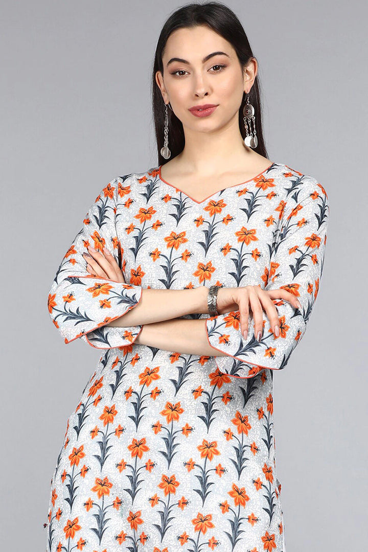 Women Cotton Trendy Festive Wear Off White Printed Kurti | SHOBITAM