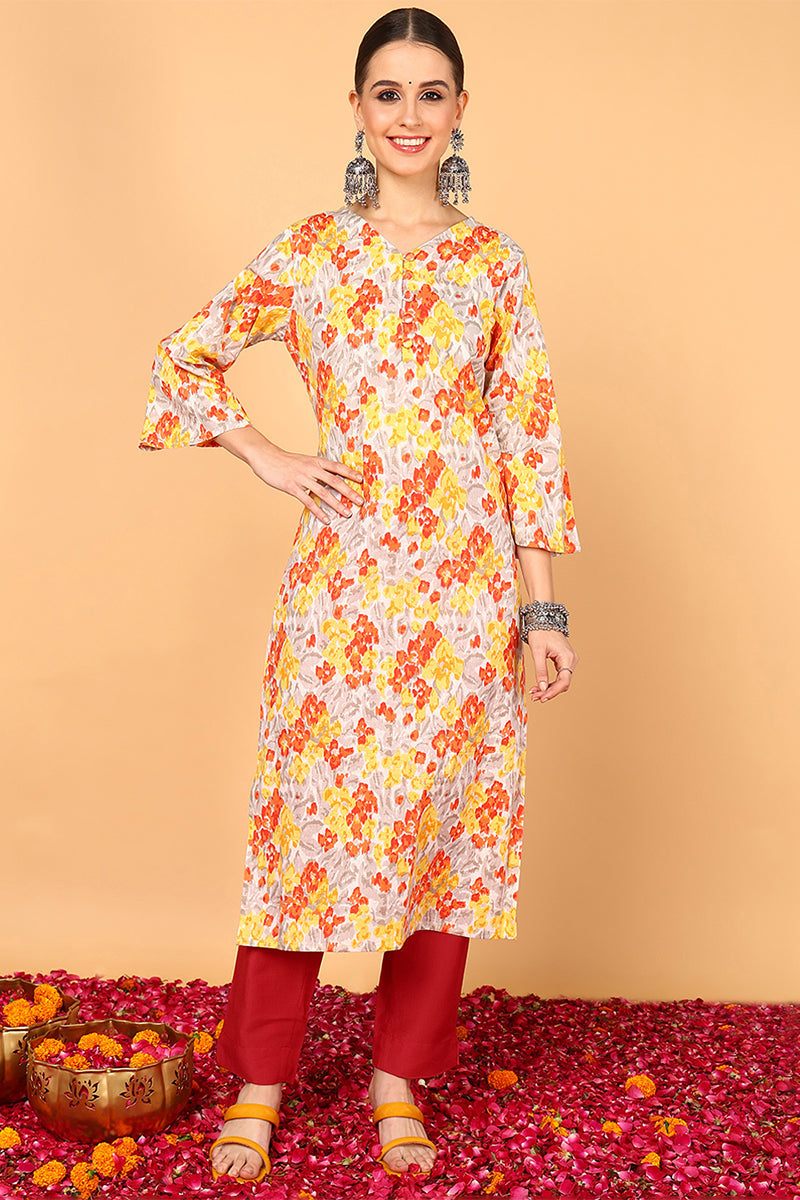 Grey & Mustard Yellow Screen Floral Printed Straight Kurta | SHOBITAM