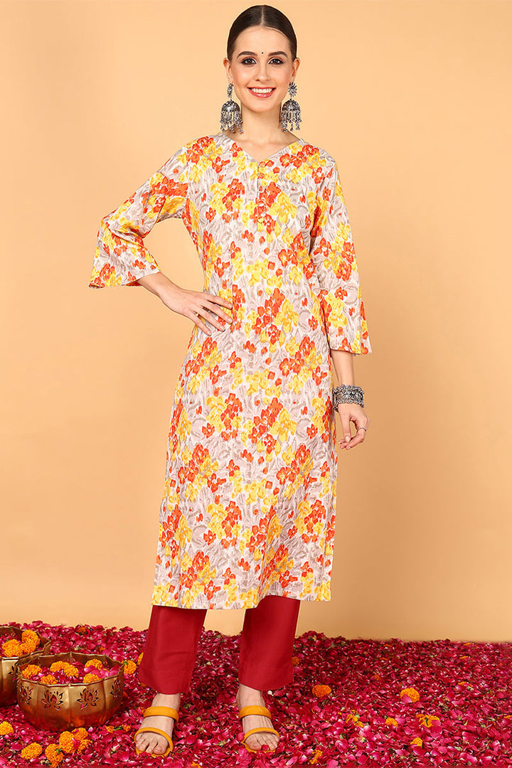 Grey & Mustard Yellow Screen Floral Printed Straight Kurta | SHOBITAM