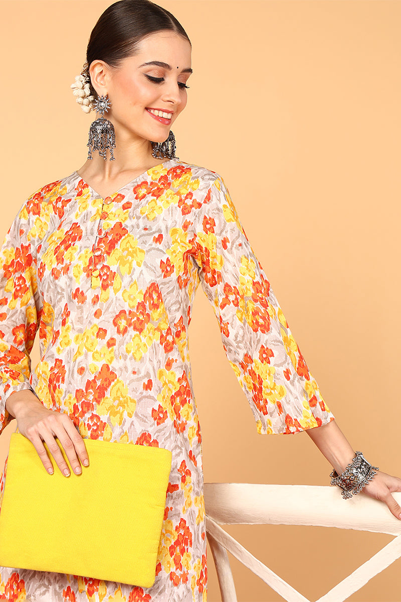 Grey & Mustard Yellow Screen Floral Printed Straight Kurta | SHOBITAM