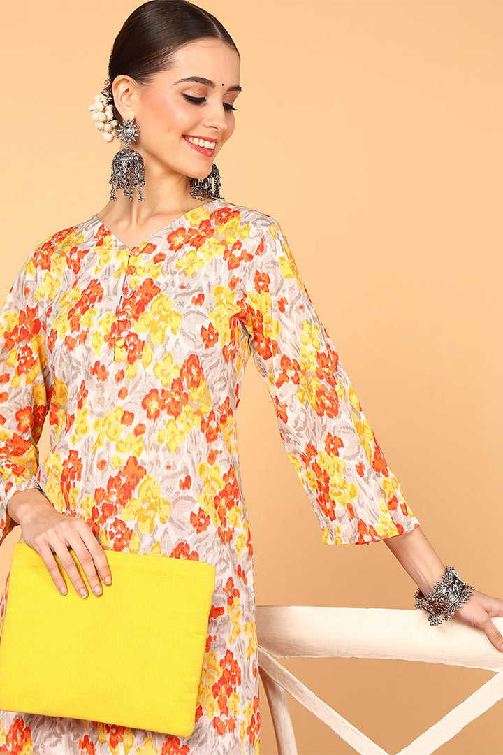 Grey & Mustard Yellow Screen Floral Printed Straight Kurta | SHOBITAM