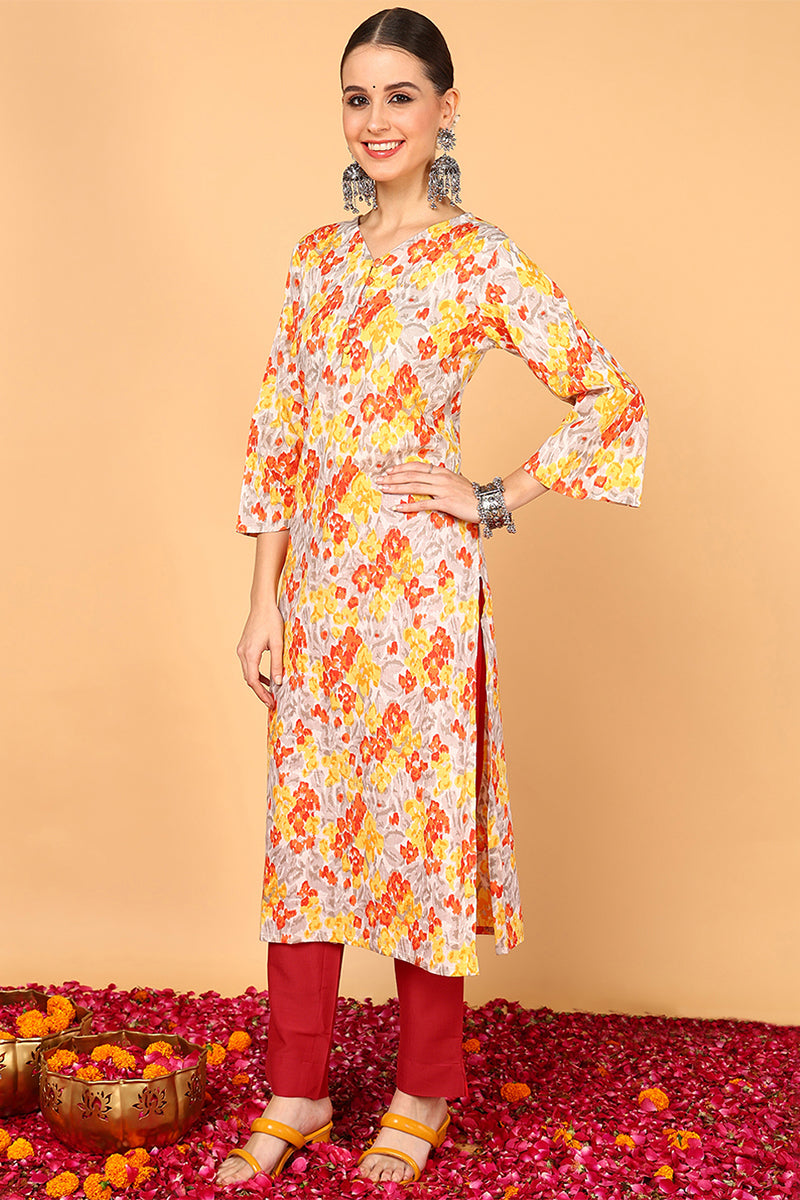 Grey & Mustard Yellow Screen Floral Printed Straight Kurta | SHOBITAM