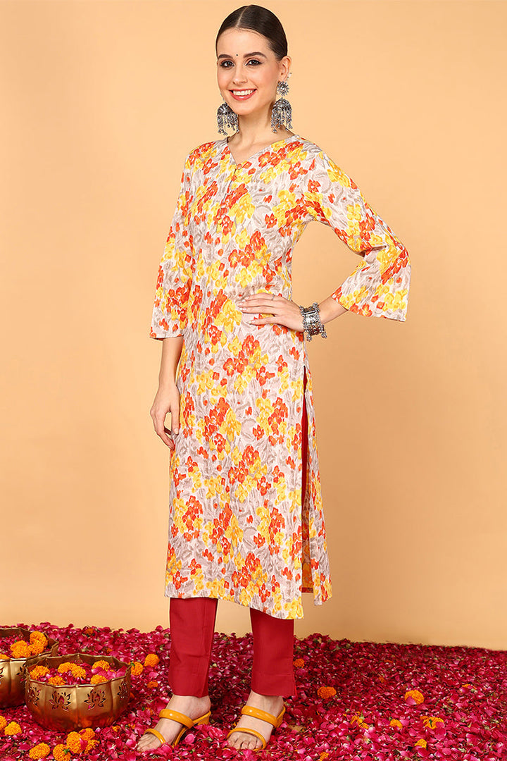 Grey & Mustard Yellow Screen Floral Printed Straight Kurta | SHOBITAM