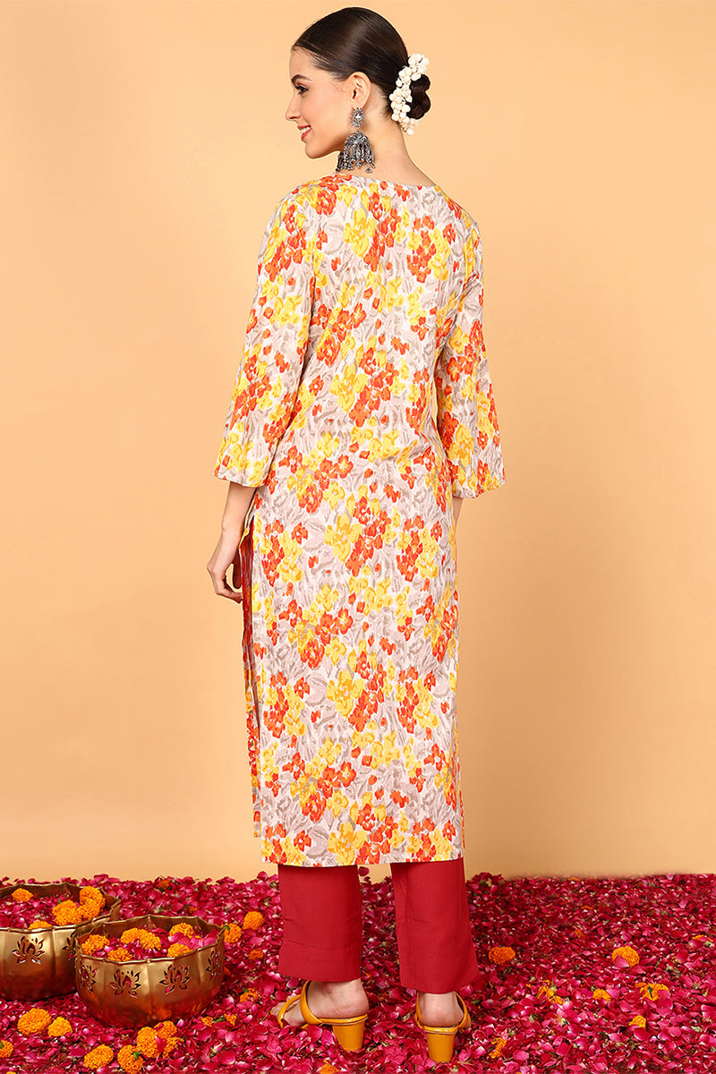 Grey & Mustard Yellow Screen Floral Printed Straight Kurta | SHOBITAM