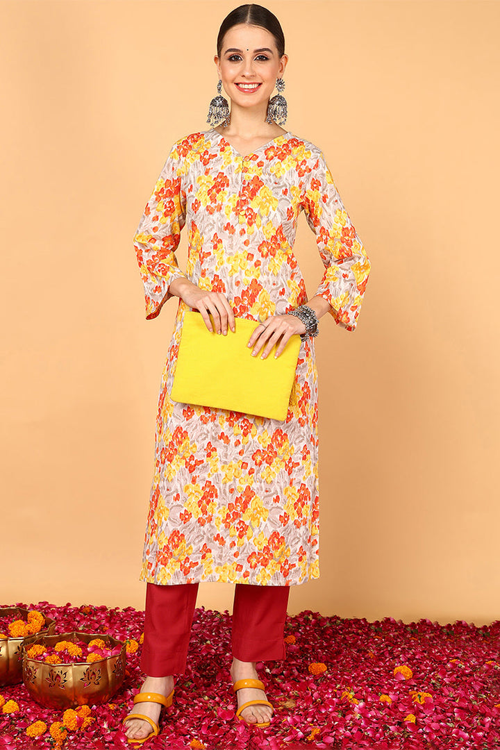 Grey & Mustard Yellow Screen Floral Printed Straight Kurta | SHOBITAM
