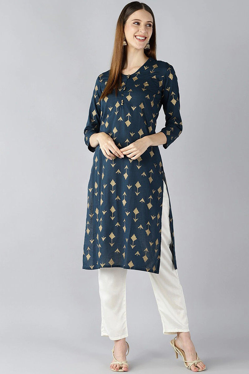 Teal Blue And Gold Coloured Printed Straight Kurta | SHOBITAM