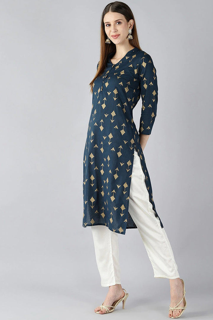Teal Blue And Gold Coloured Printed Straight Kurta | SHOBITAM