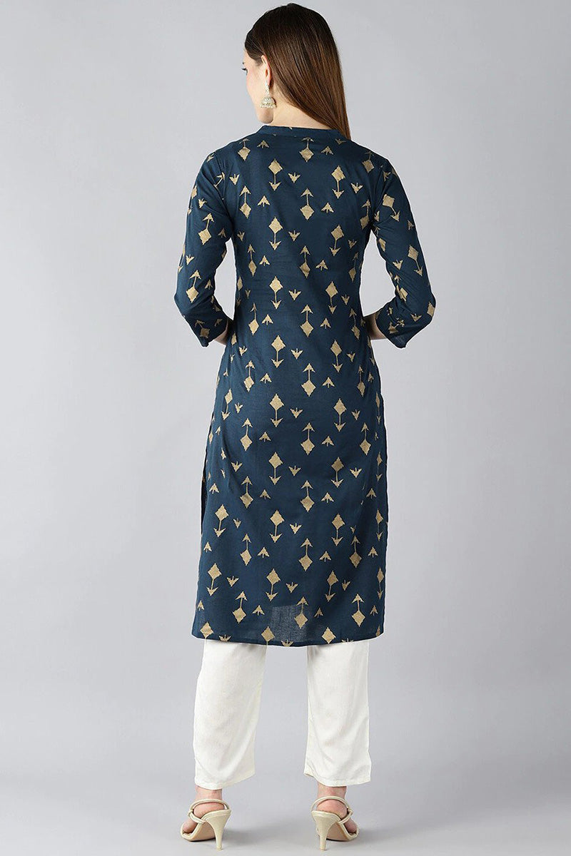 Teal Blue And Gold Coloured Printed Straight Kurta | SHOBITAM