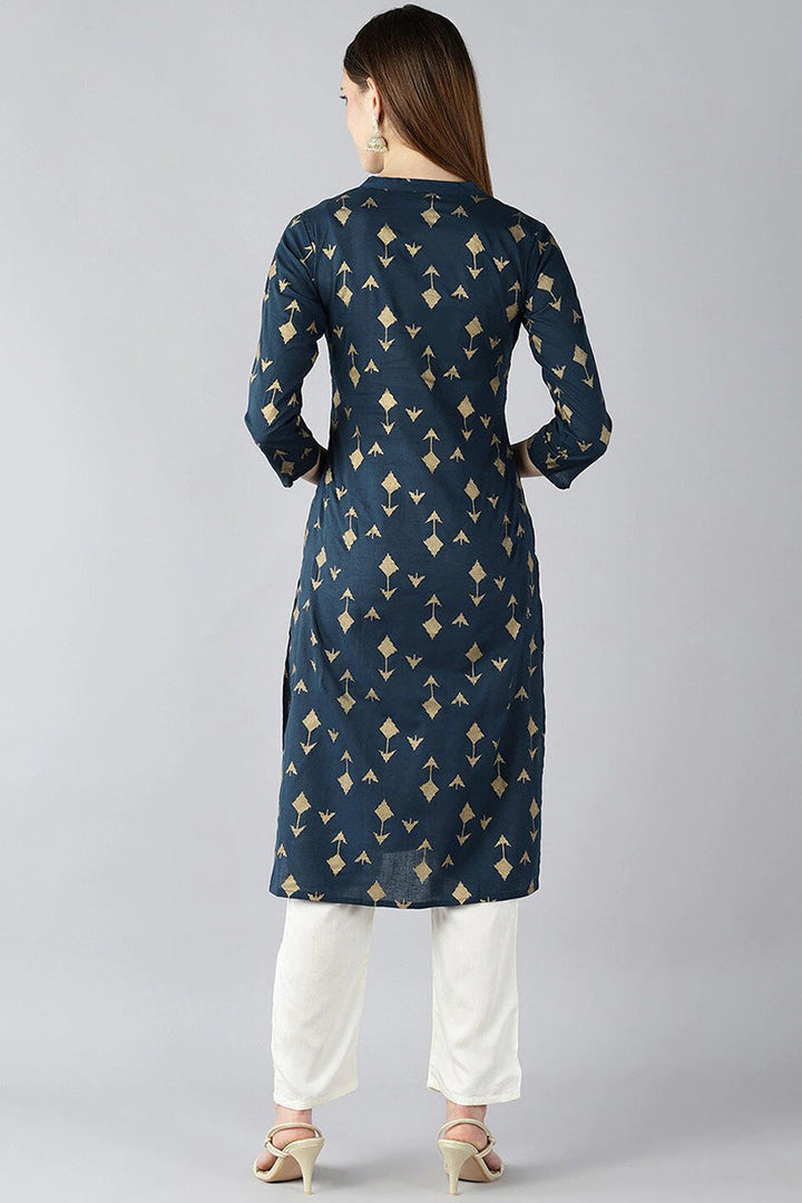 Teal Blue And Gold Coloured Printed Straight Kurta | SHOBITAM