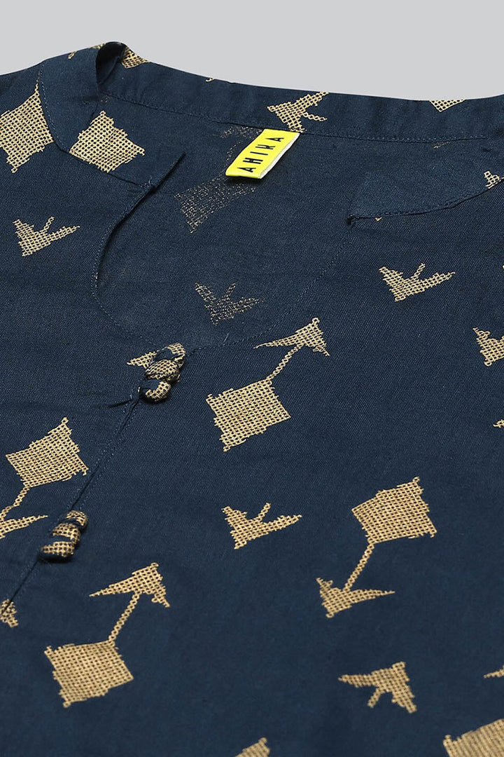 Teal Blue And Gold Coloured Printed Straight Kurta | SHOBITAM