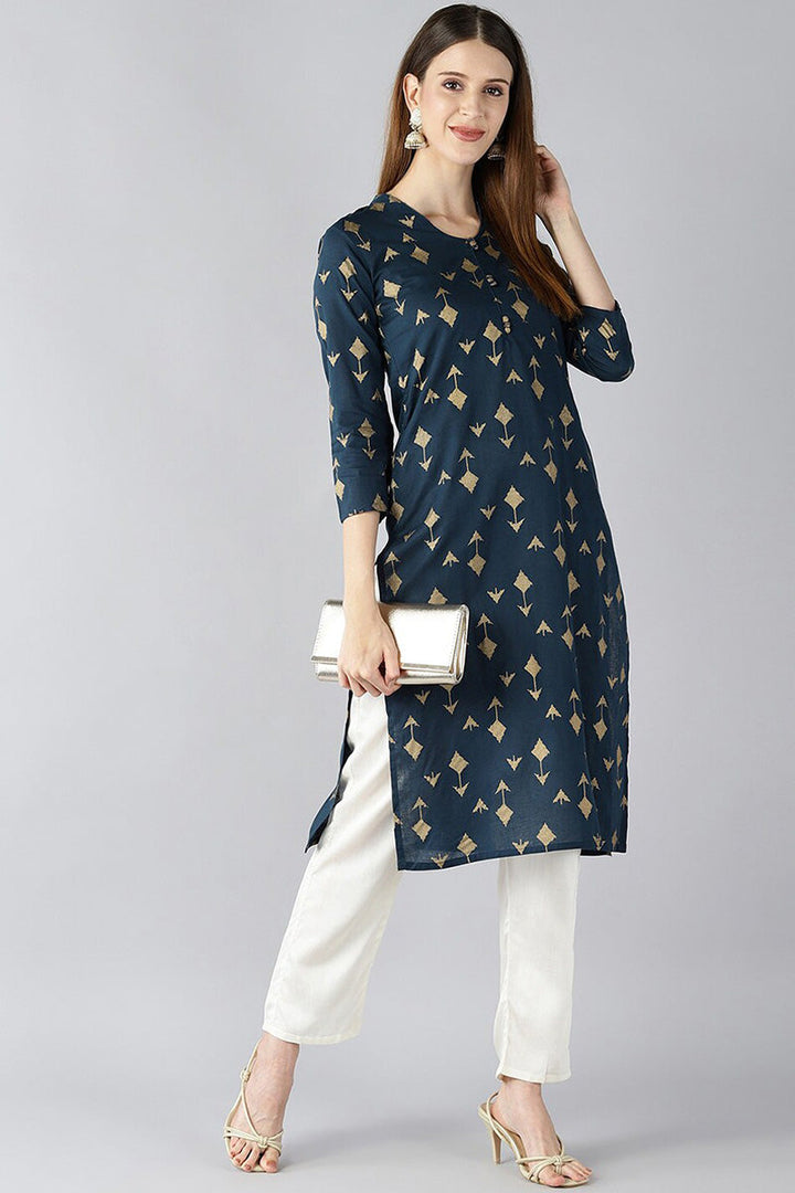Teal Blue And Gold Coloured Printed Straight Kurta | SHOBITAM