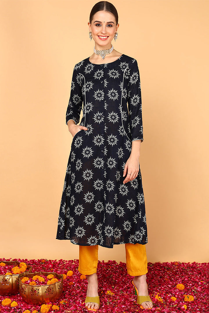 Navy Blue Cotton A-Line Kurta  | SHOBITAM