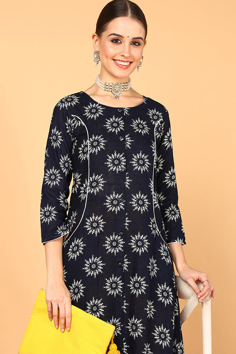 Navy Blue Cotton A-Line Kurta  | SHOBITAM