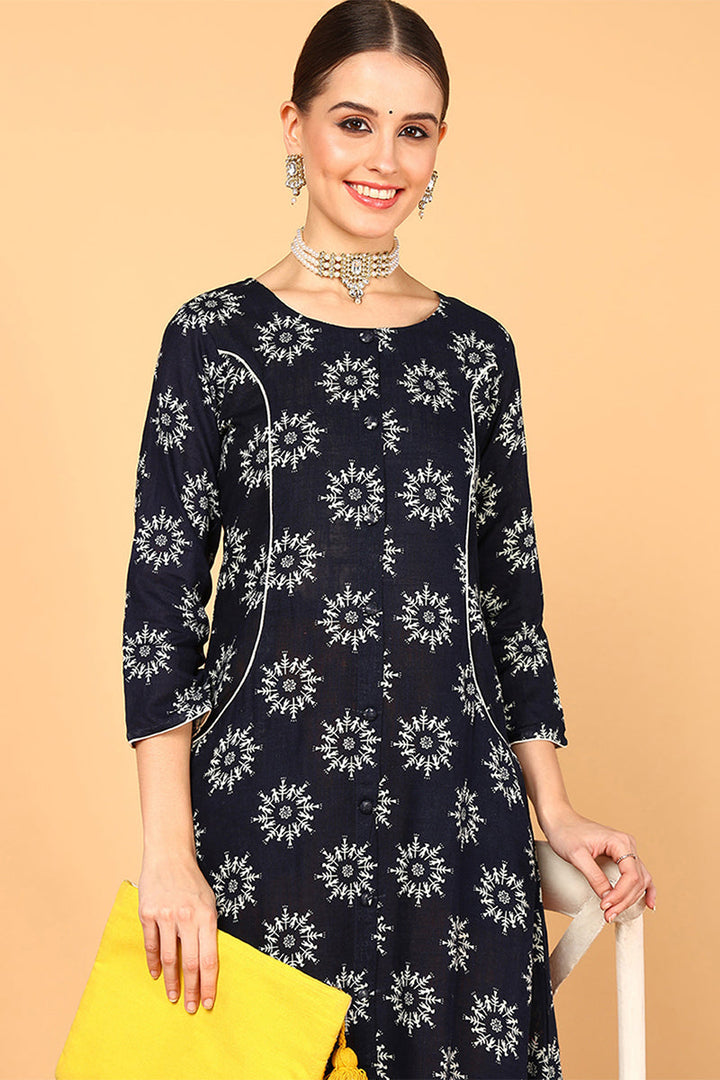 Navy Blue Cotton A-Line Kurta  | SHOBITAM