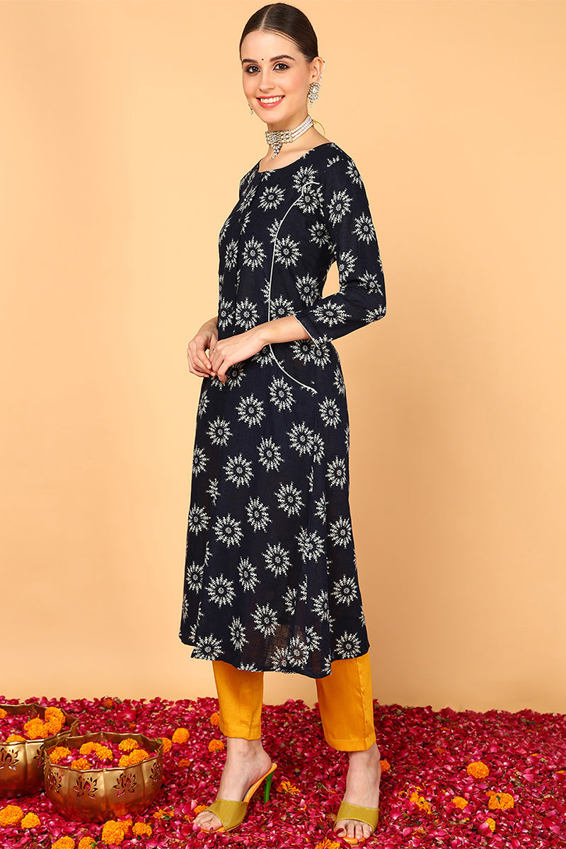 Navy Blue Cotton A-Line Kurta  | SHOBITAM