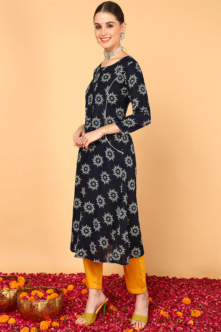 Navy Blue Cotton A-Line Kurta  | SHOBITAM