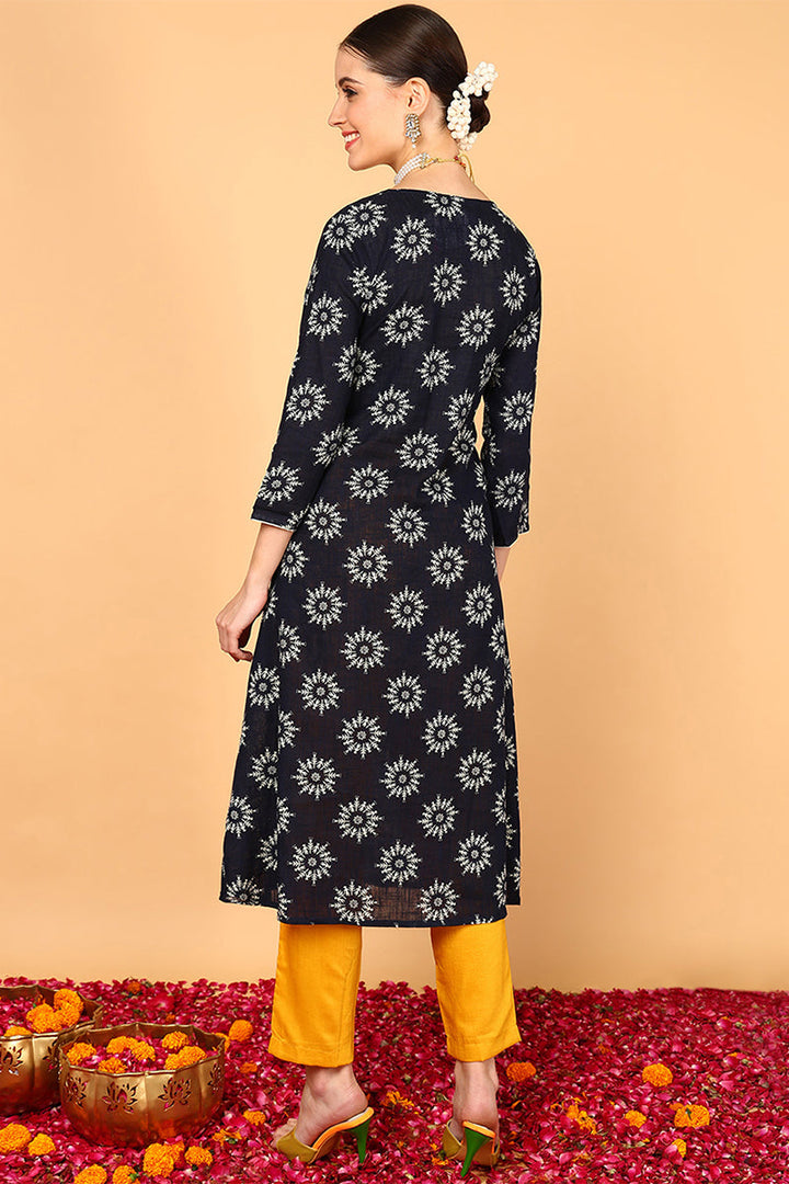 Navy Blue Cotton A-Line Kurta  | SHOBITAM