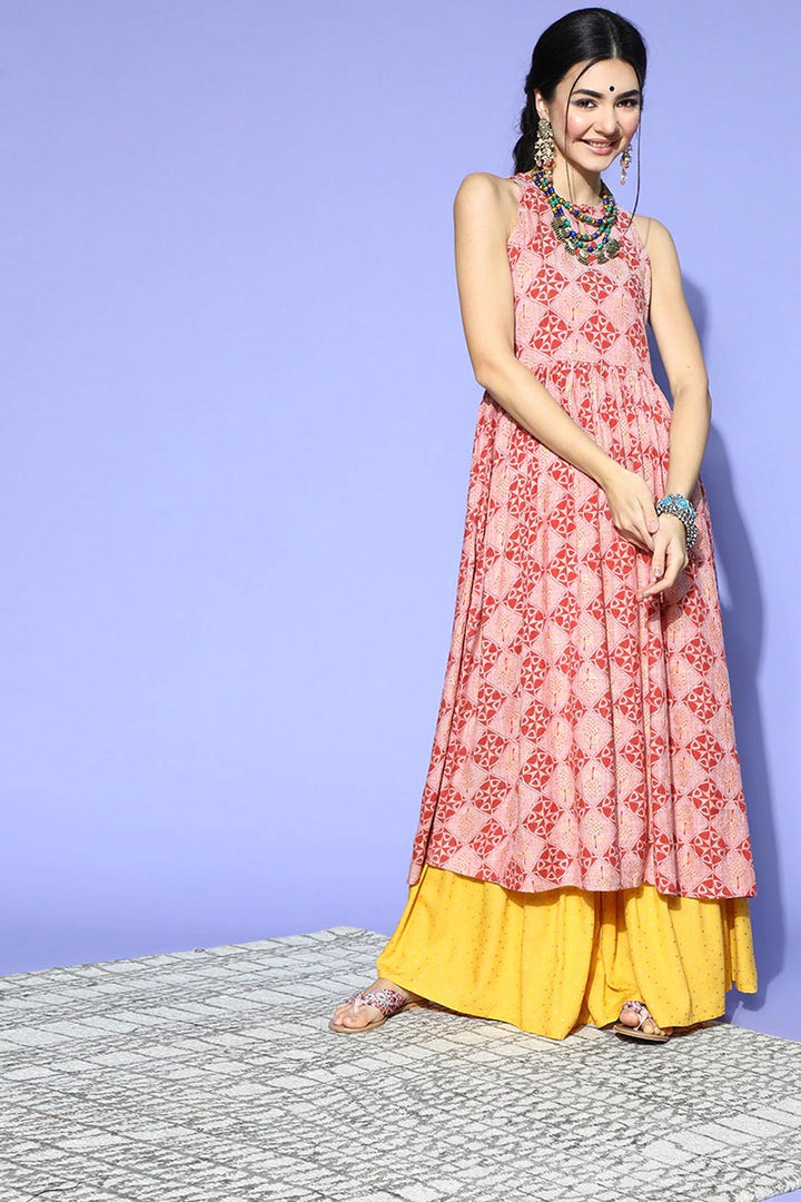Women Pink Ethnic Motifs Printed Keyhole Neck Cotton Kurta | SHOBITAM