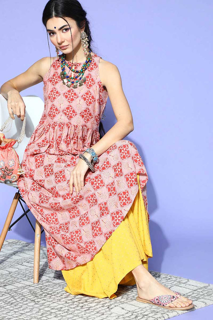 Women Pink Ethnic Motifs Printed Keyhole Neck Cotton Kurta | SHOBITAM