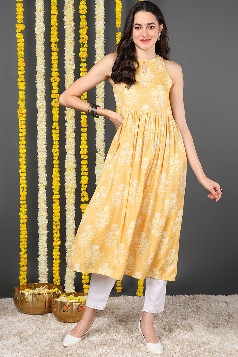 Women Yellow White Floral Printed Keyhole Neck Cotton Kurta   | SHOBITAM