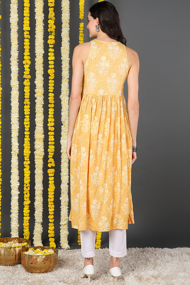 Women Yellow White Floral Printed Keyhole Neck Cotton Kurta   | SHOBITAM
