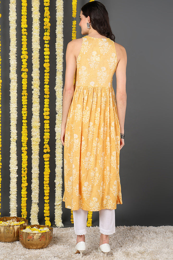 Women Yellow White Floral Printed Keyhole Neck Cotton Kurta   | SHOBITAM
