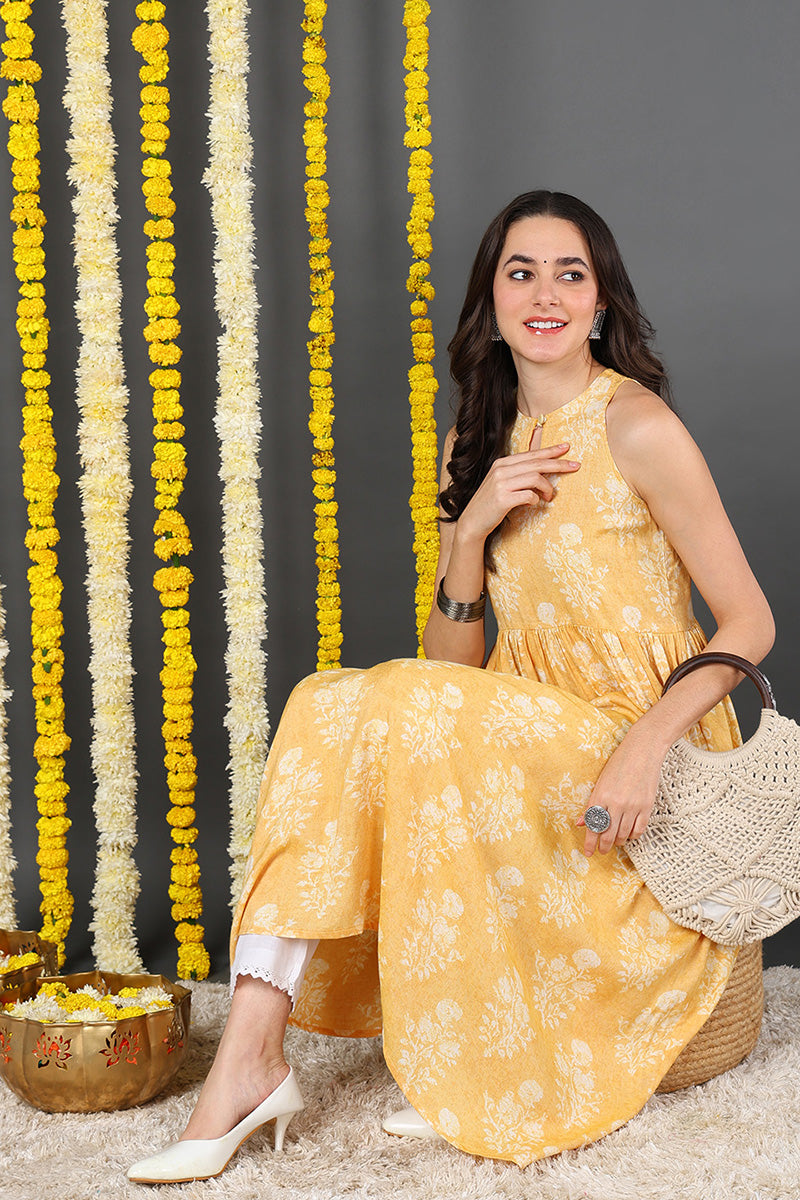 Women Yellow White Floral Printed Keyhole Neck Cotton Kurta   | SHOBITAM