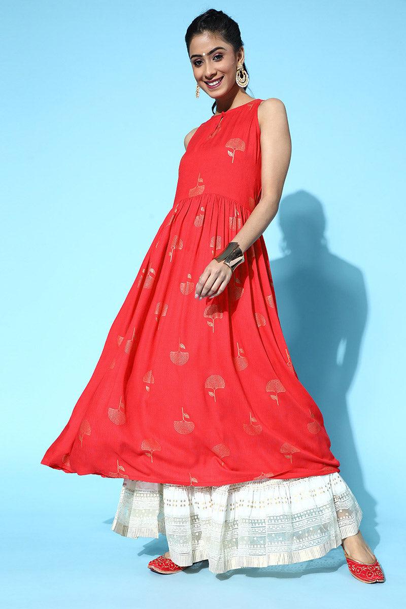 Attractive Red Cotton Ethnic Motifs Kurta Crafted with a flared  | SHOBITAM