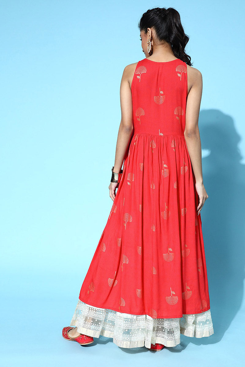 Attractive Red Cotton Ethnic Motifs Kurta Crafted with a flared  | SHOBITAM