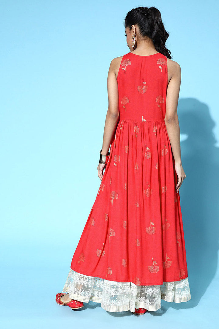 Attractive Red Cotton Ethnic Motifs Kurta Crafted with a flared  | SHOBITAM