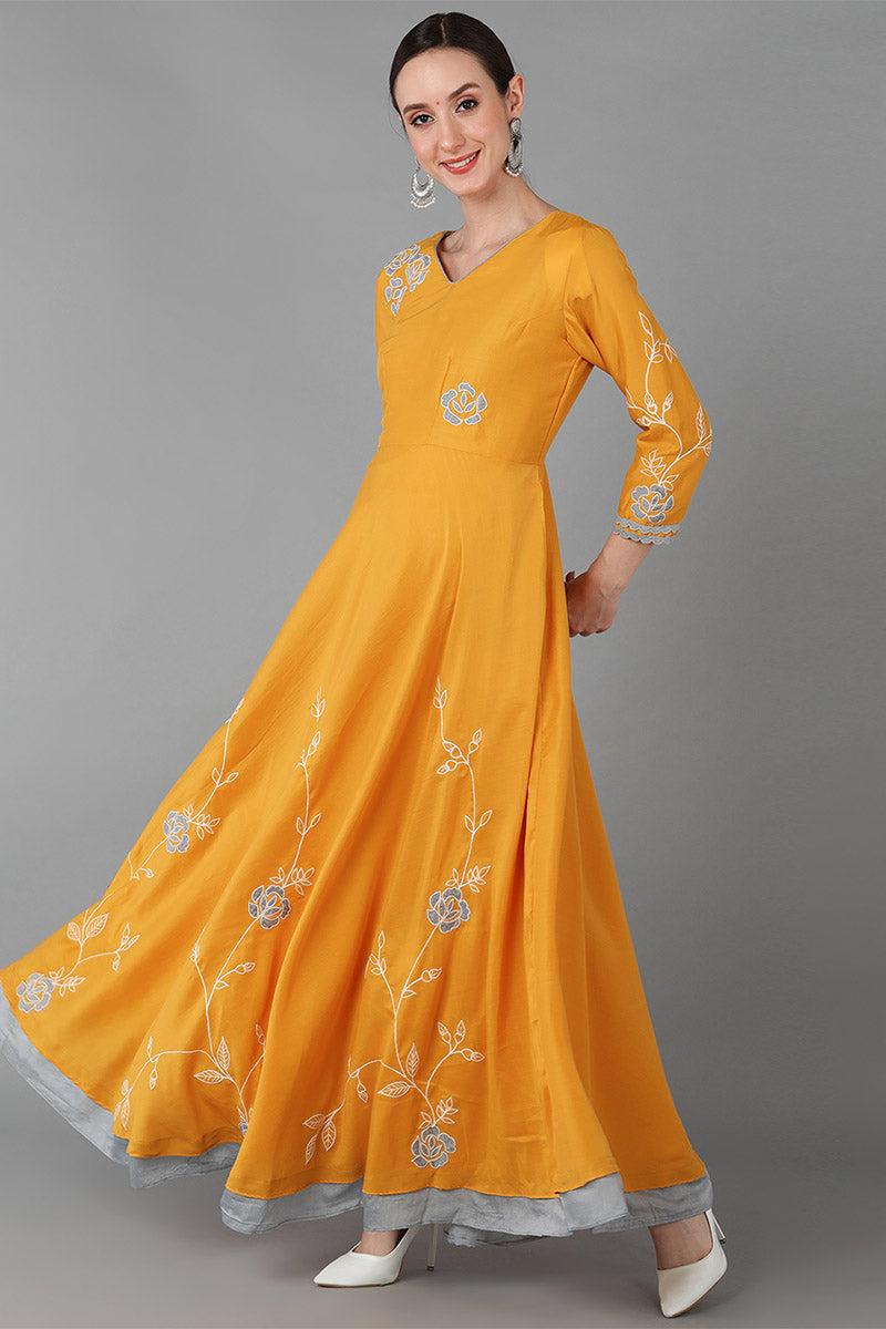 Mustard Silk Blend Flared Kurta With Dupatta  | SHOBITAM