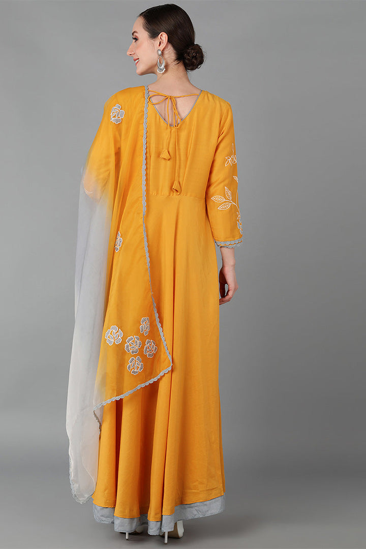 Mustard Silk Blend Flared Kurta With Dupatta  | SHOBITAM