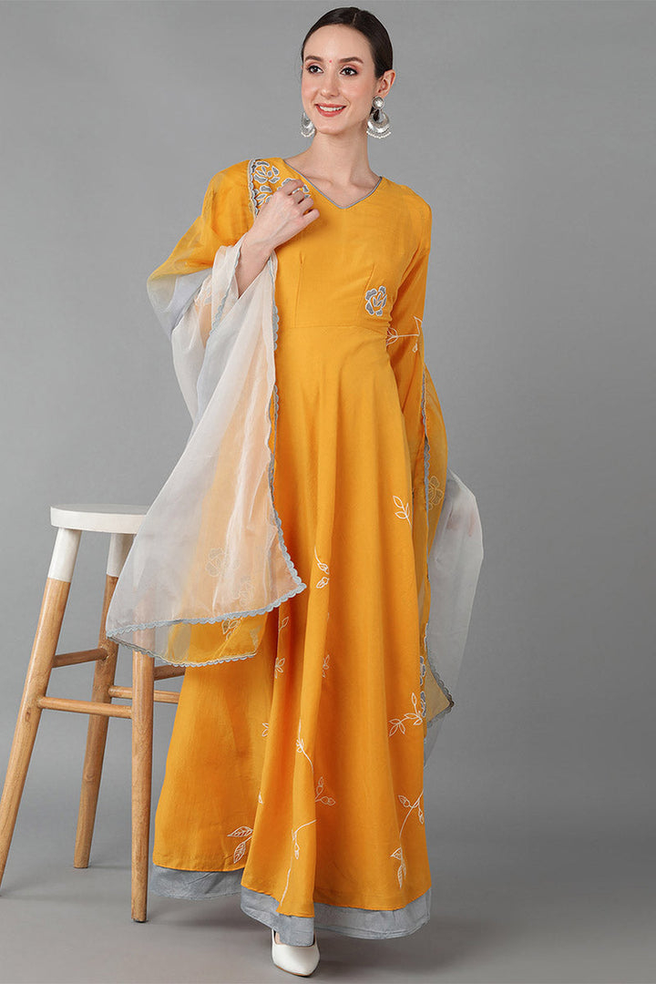 Mustard Silk Blend Flared Kurta With Dupatta  | SHOBITAM