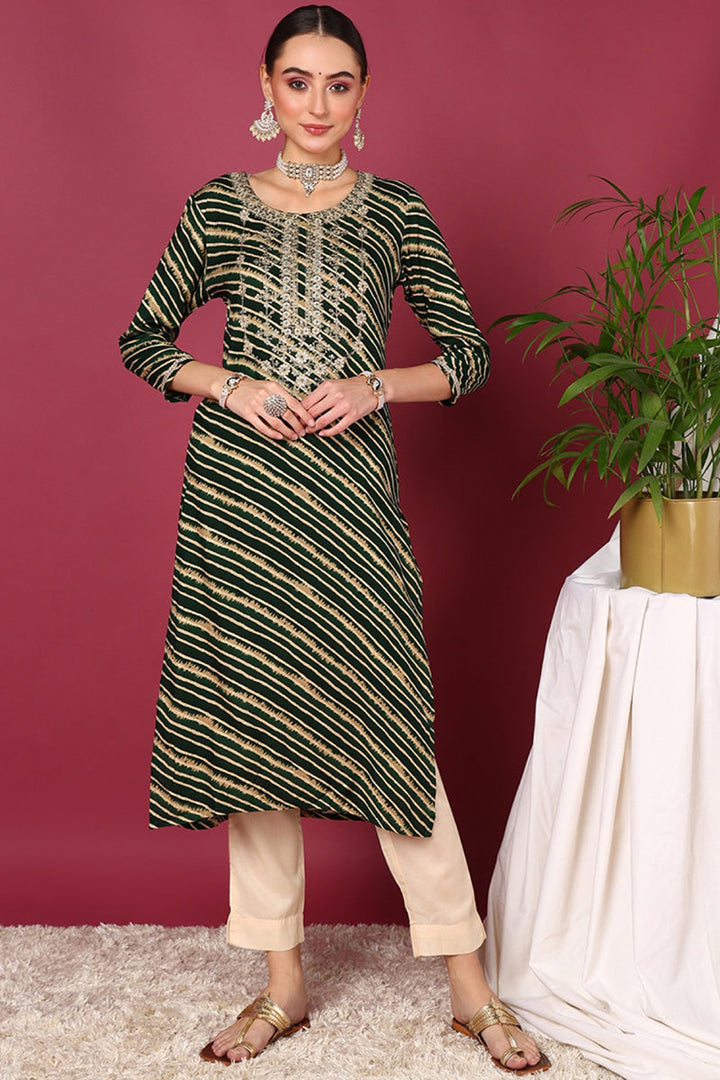 Green Viscose Rayon Leheriya Printed Straight Kurta | SHOBITAM