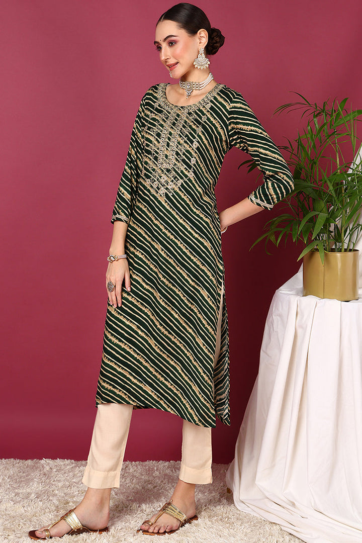 Green Viscose Rayon Leheriya Printed Straight Kurta | SHOBITAM