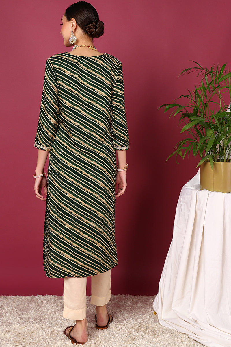 Green Viscose Rayon Leheriya Printed Straight Kurta | SHOBITAM