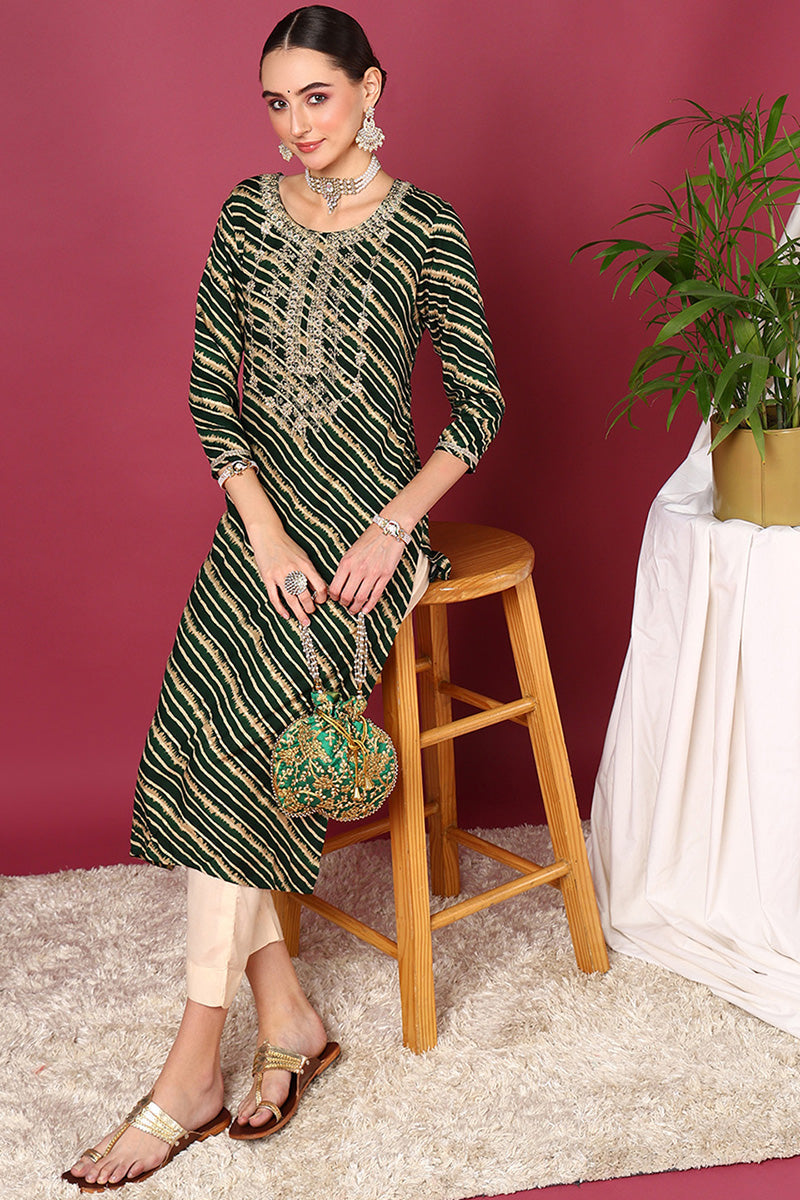 Green Viscose Rayon Leheriya Printed Straight Kurta | SHOBITAM
