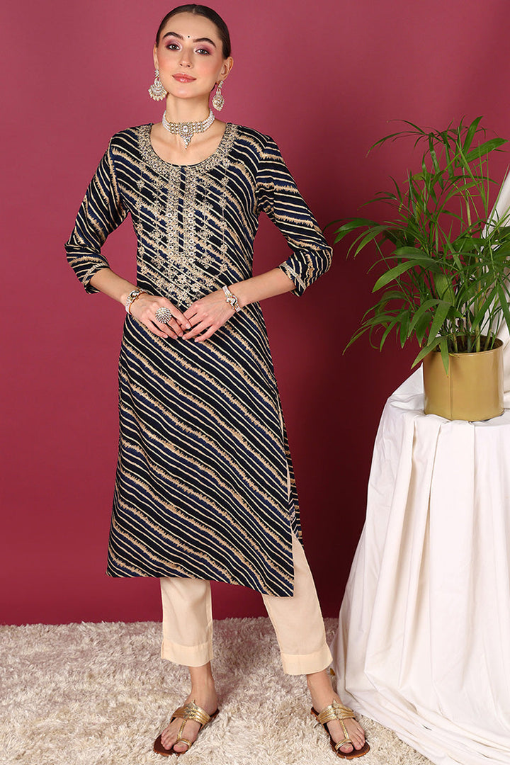 Navy Blue Viscose Rayon Leheriya Printed Straight Kurta  | SHOBITAM