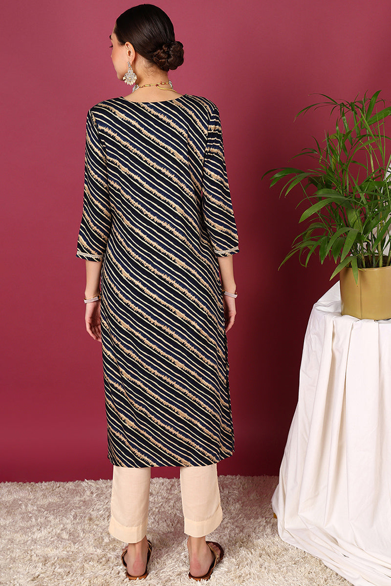 Navy Blue Viscose Rayon Leheriya Printed Straight Kurta  | SHOBITAM