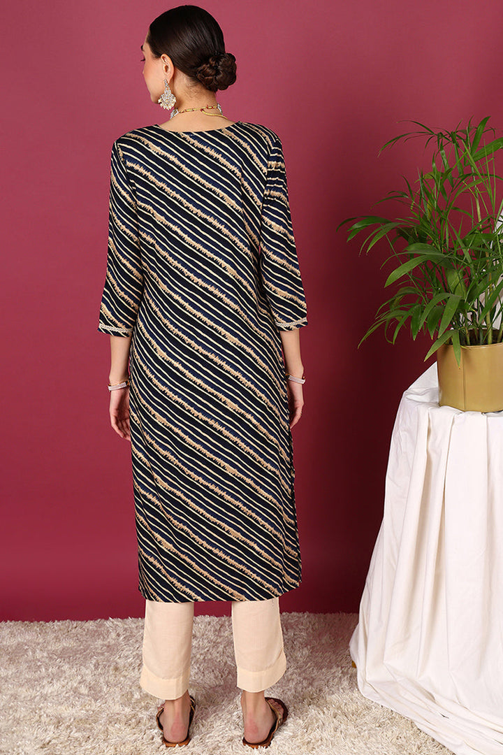 Navy Blue Viscose Rayon Leheriya Printed Straight Kurta  | SHOBITAM