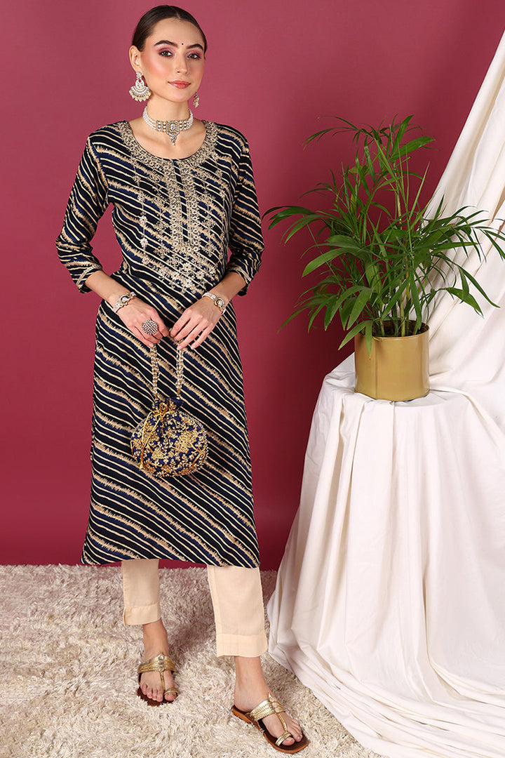 Navy Blue Viscose Rayon Leheriya Printed Straight Kurta  | SHOBITAM