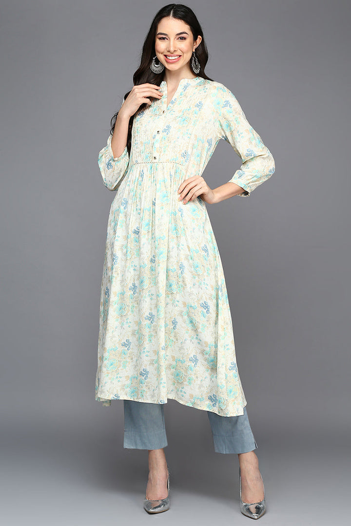 Off White Cotton Blend Ethnic Motifs A-Line Kurta  |SHOBITAM